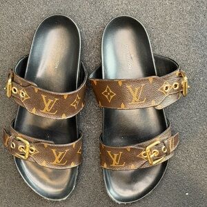 Louis Vuitton Monogram Brown Slides with Gold Buckles